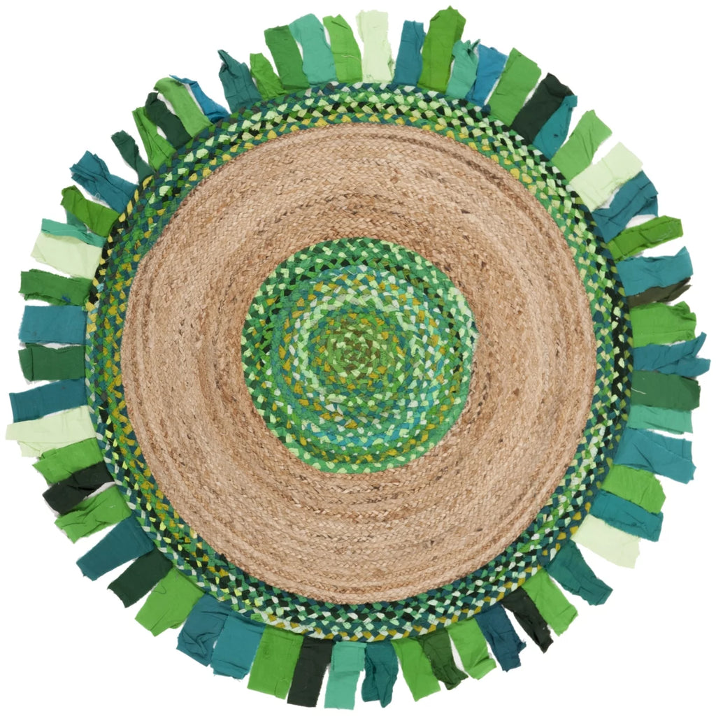 Green Natural 5' x 5' Round Braided Area Rug U357069