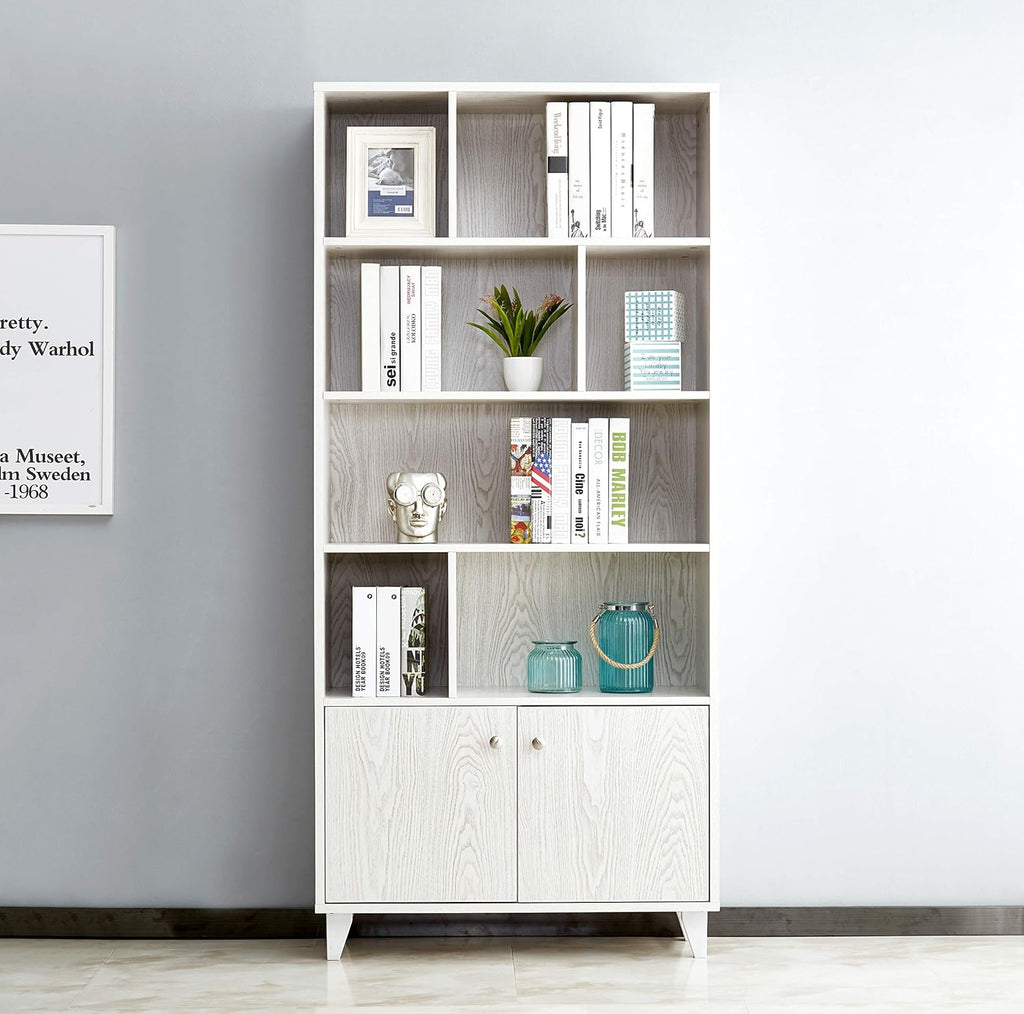 Modern Bookcase with 2 Doors 68 Tall Wooden Bookshelf with 7 Compartments K887259