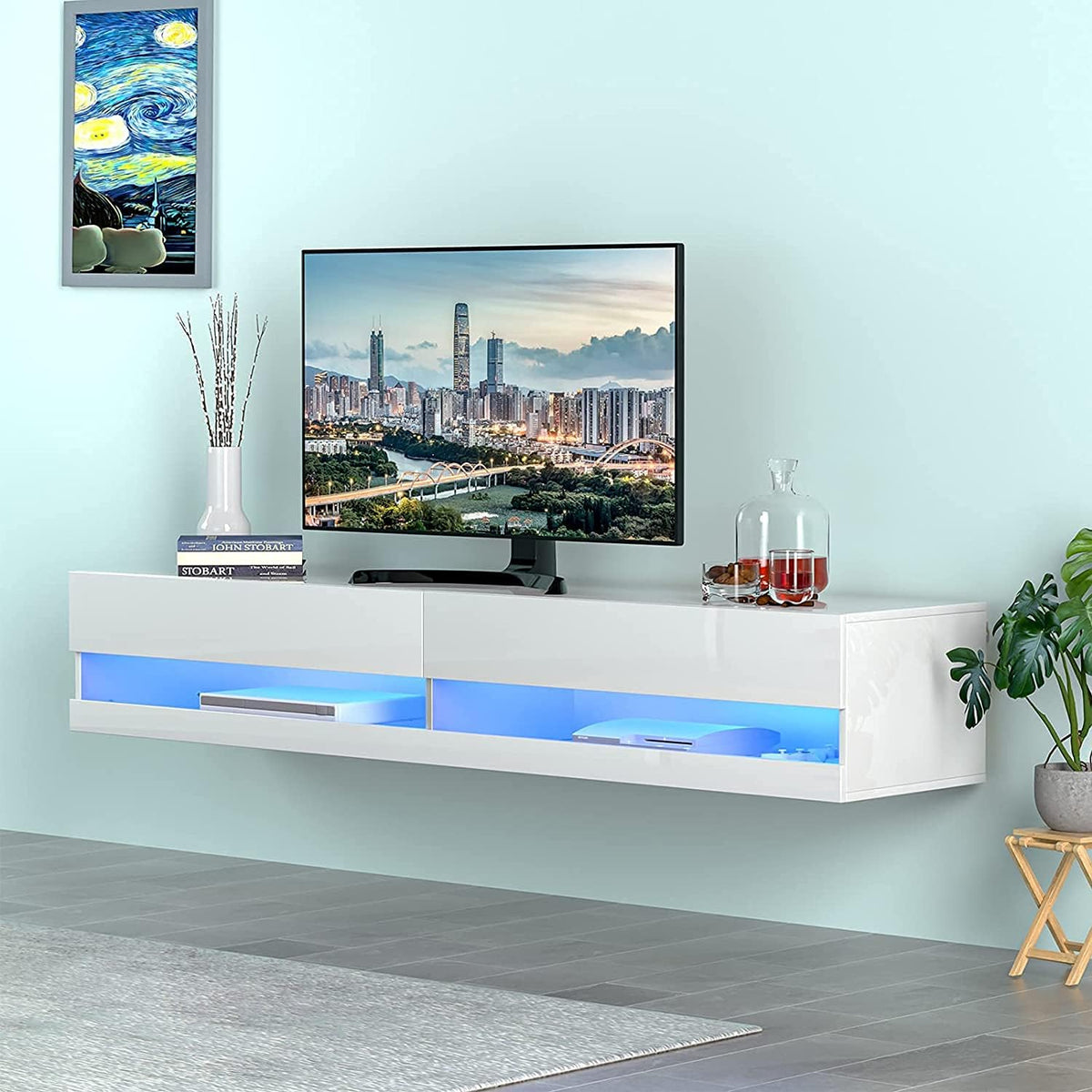 Wall Mounted LED Floating TV Stand with Cabinet and Cable Management for 80 Inch TV B495407