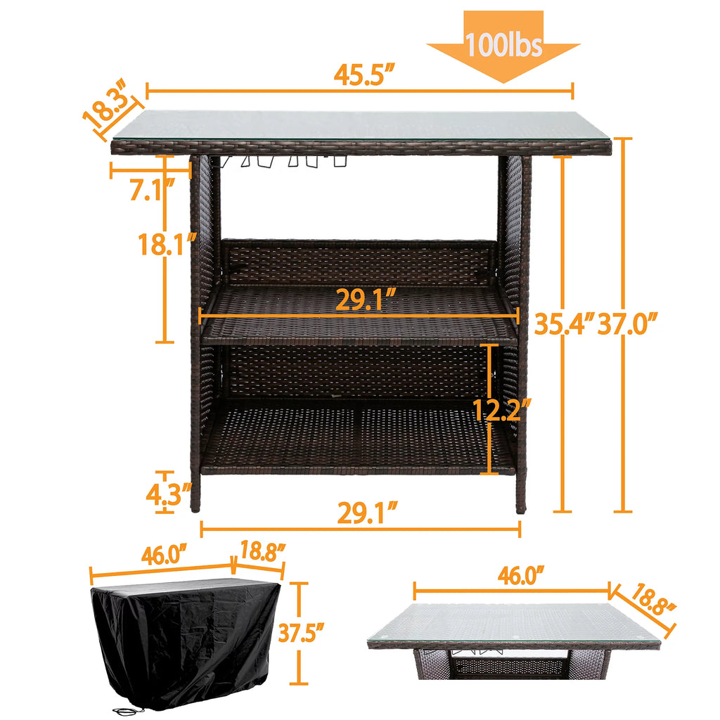 Outdoor Patio Rattan Wicker Bar Counter Table Tempered Glass Tabletop T4014
