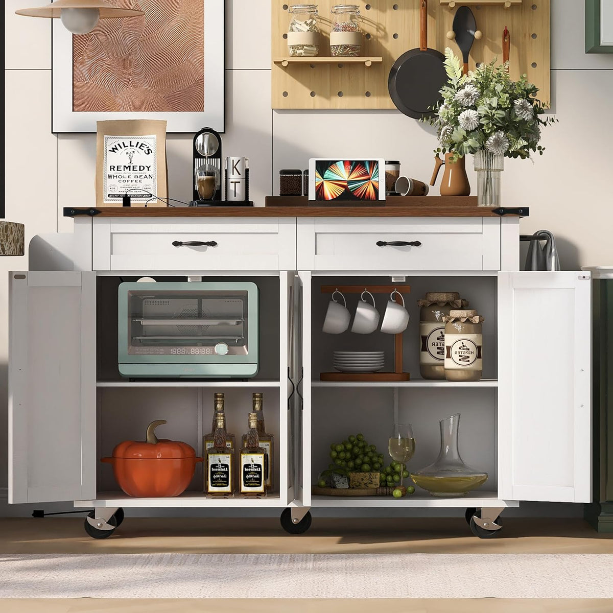 White Kitchen Island with Power Outlet, Drop Leaf and Spice Rack J506