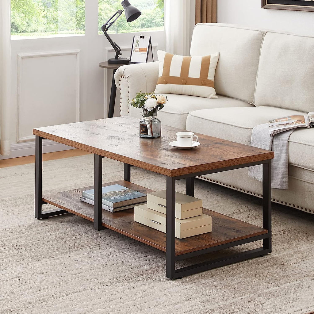 47 Inch Rustic Brown Wood Coffee Table with Storage Shelf U8701