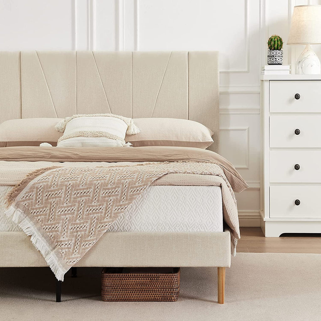 King Size Beige Fabric Upholstered Platform Bed Frame V762