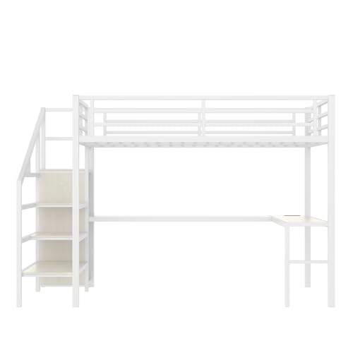 Queen Size White Wood Grain Metal Loft Bed with Desk and Wardrobe L486