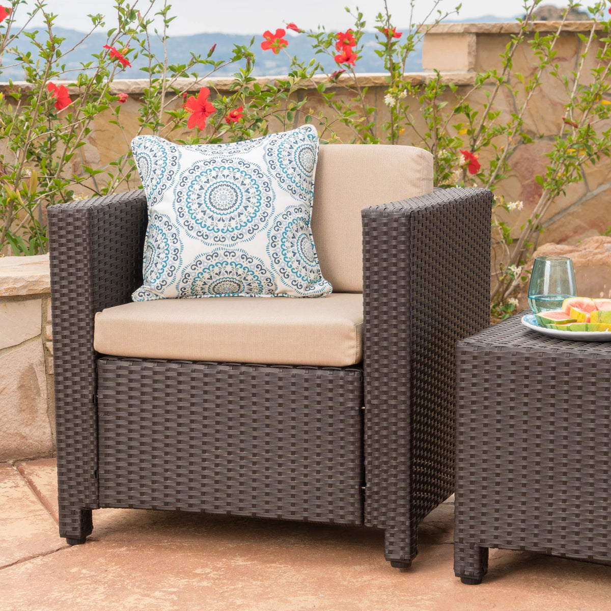 Outdoor Wicker Club Chair with Cushions, Dark Brown, Beige O302229