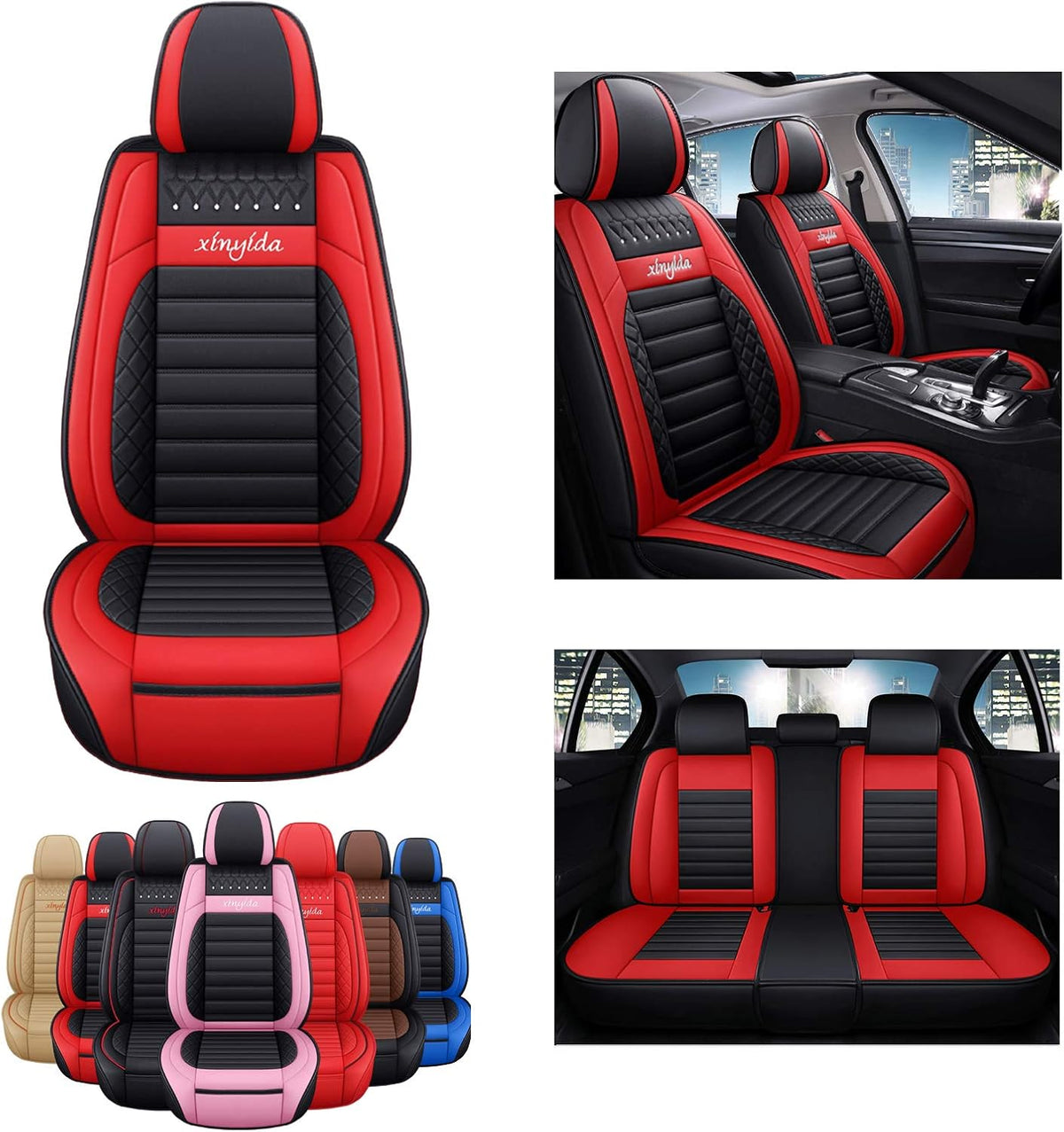 Faux Leather Car Seat Covers Full Set Black Red E7784