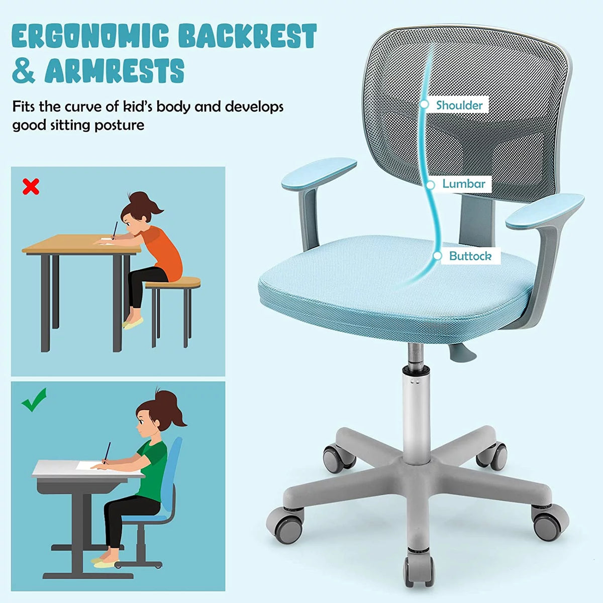 Blue Height Adjustable Swivel Mesh Kids Desk Chair T4963