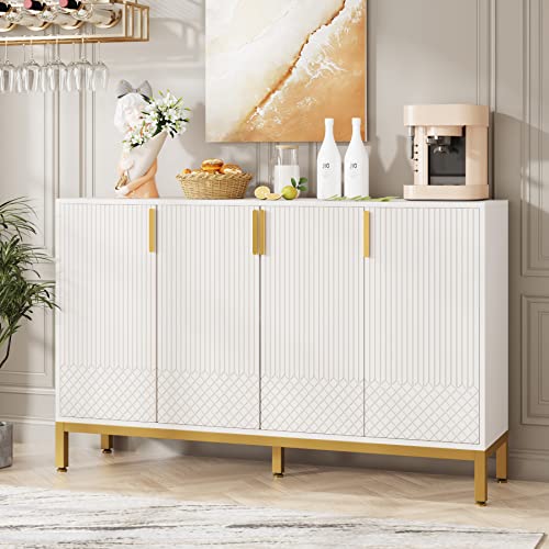 59 Inch White and Gold Buffet Cabinet with 4 Doors W7451