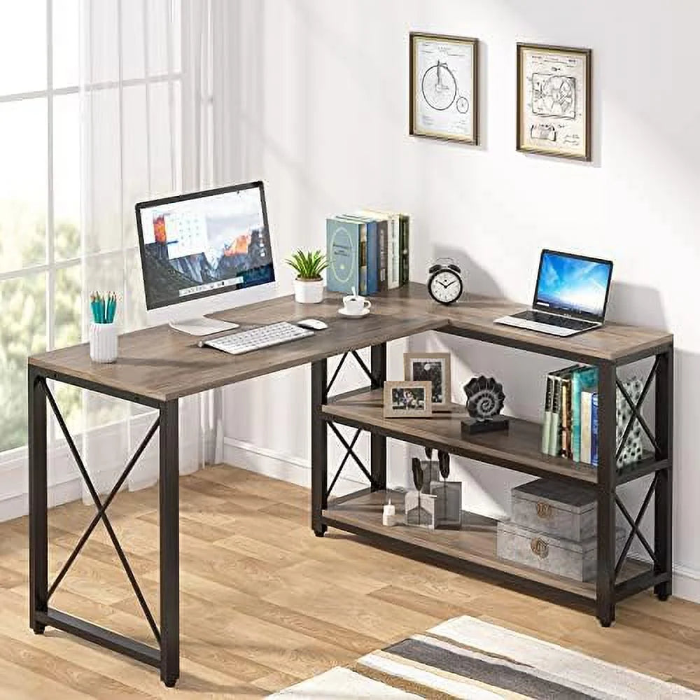 Reversible L-Shaped Corner Computer Desk with Shelves Y2426