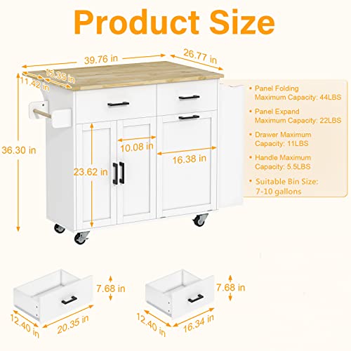 Rolling Kitchen Island with Trash Cabinet, 2 Drawers, Drop Leaf, 3 Spice Rack B17030