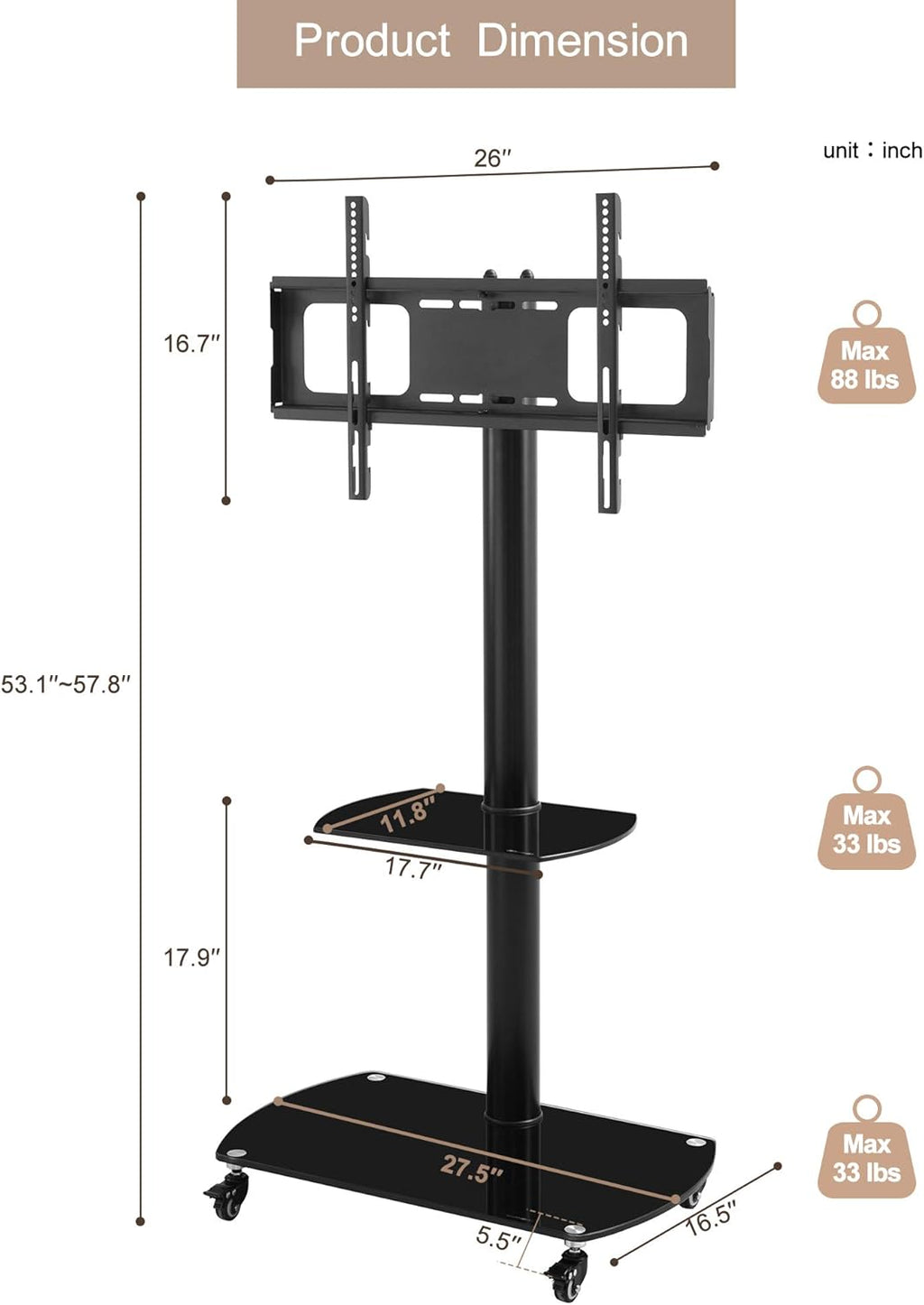 Mobile TV Cart with Wheels for 32-65 Inch, Height and Angle Adjustable Tempered Glass Metal Frame H721