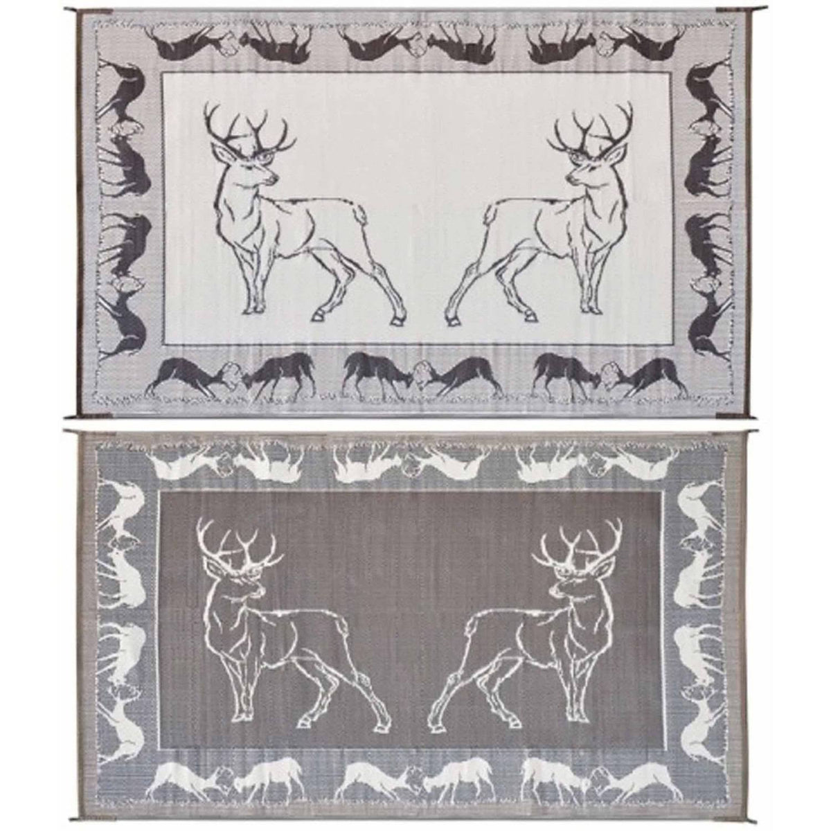 Black/Beige Reversible Outdoor Mat with Deer Pattern B313