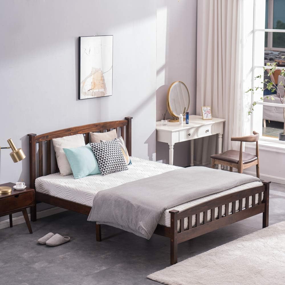 Walnut Queen Slatted Platform Bed with Headboard O1828
