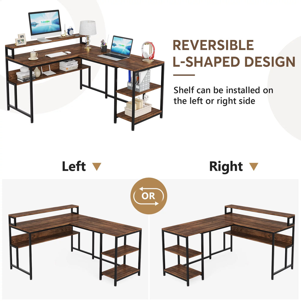 59 Inch Reversible L Shaped Corner Computer Desk with Storage Shelves L700120