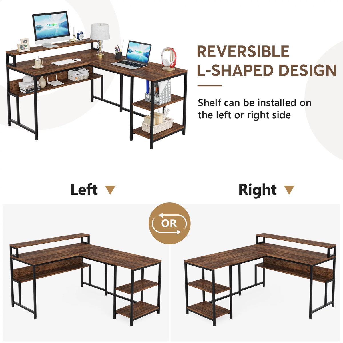59 Inch Reversible L Shaped Corner Computer Desk with Storage Shelves L700120