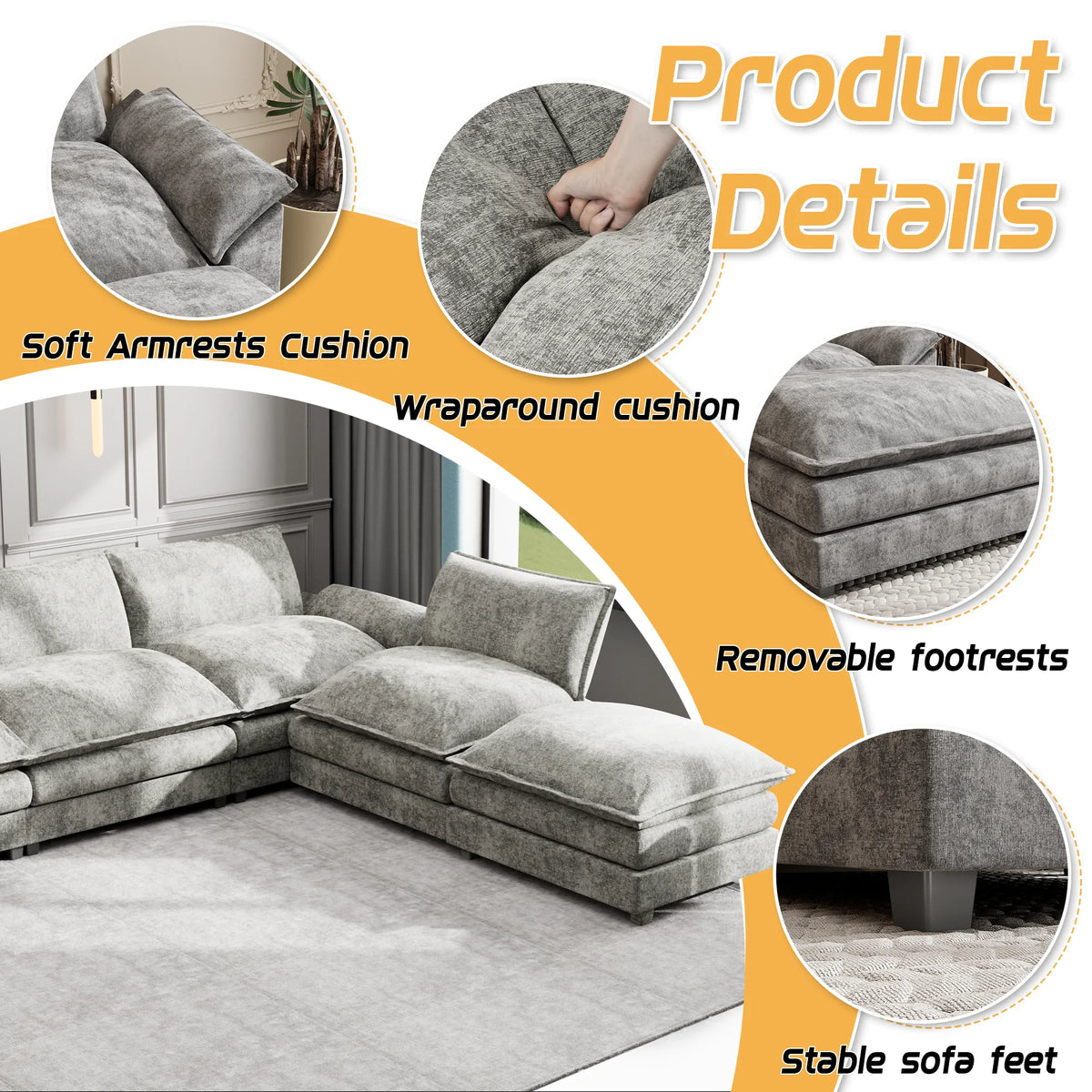 Oversized Modular Sectional Sofa with Ottomans O618