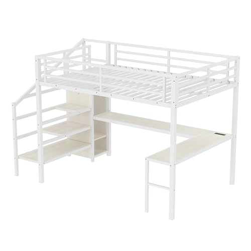 Queen Size White Wood Grain Metal Loft Bed with Desk and Wardrobe L486