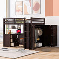 Full Size White Wood Loft Bed with Desk Wardrobe Storage Drawers C3840