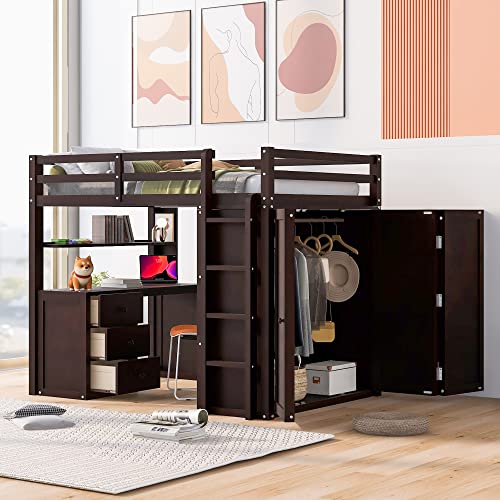 Full Size White Wood Loft Bed with Desk Wardrobe Storage Drawers C3840