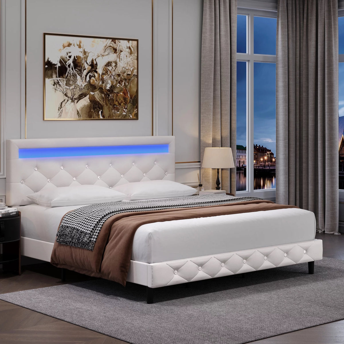 Queen Size LED Upholstered Platform Bed Frame with Adjustable Headboard Q166