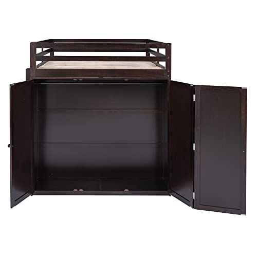 Full Size White Wood Loft Bed with Desk Wardrobe Storage Drawers C3840
