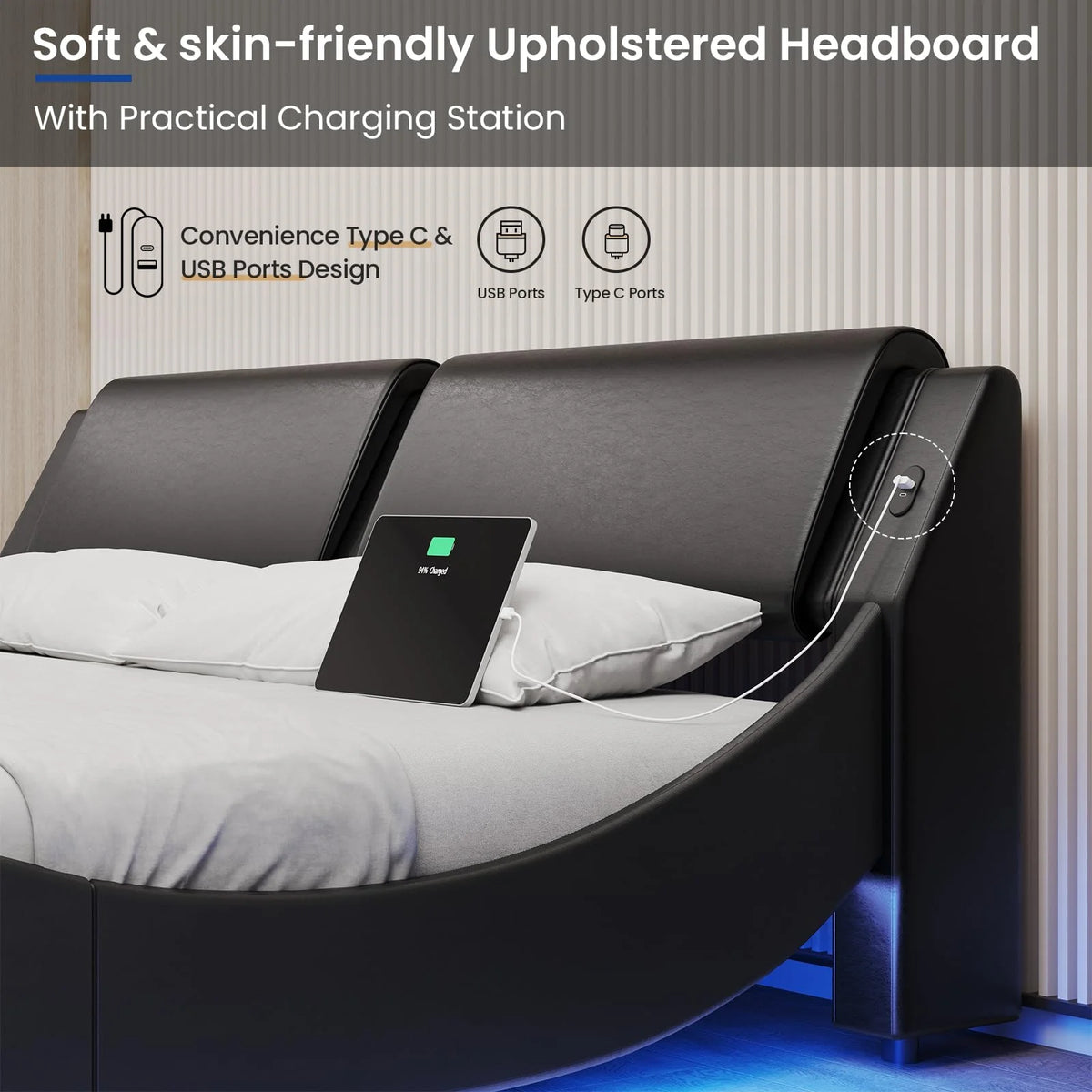 Queen Upholstered Led Bed Frame Faux PU Leather Black White P790319