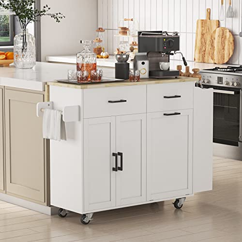 Rolling Kitchen Island with Trash Cabinet, 2 Drawers, Drop Leaf, 3 Spice Rack B17030