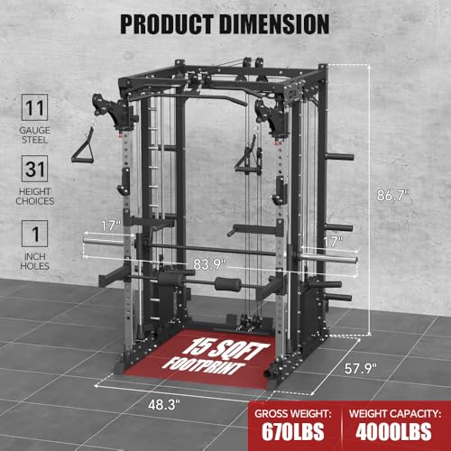 Commercial Smithe Machine with 308lb Dual Weight Stacks, Power Cage Squat Rack with Lever Arm & Leg Press, Cable Crossover Machine B221728