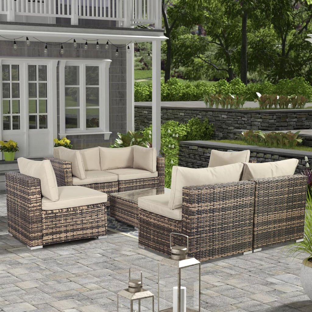 7 Pieces PE Rattan Patio Furniture Set with Table and Cushions W32096