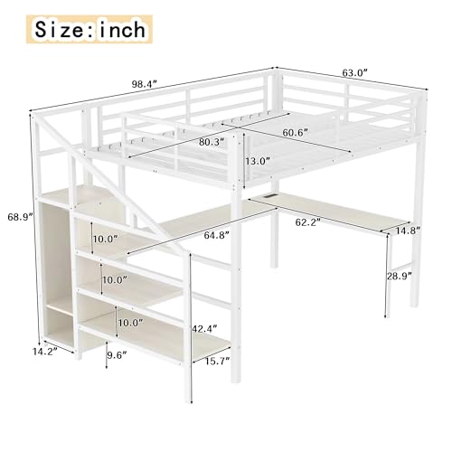 Queen Size White Wood Grain Metal Loft Bed with Desk and Wardrobe L486