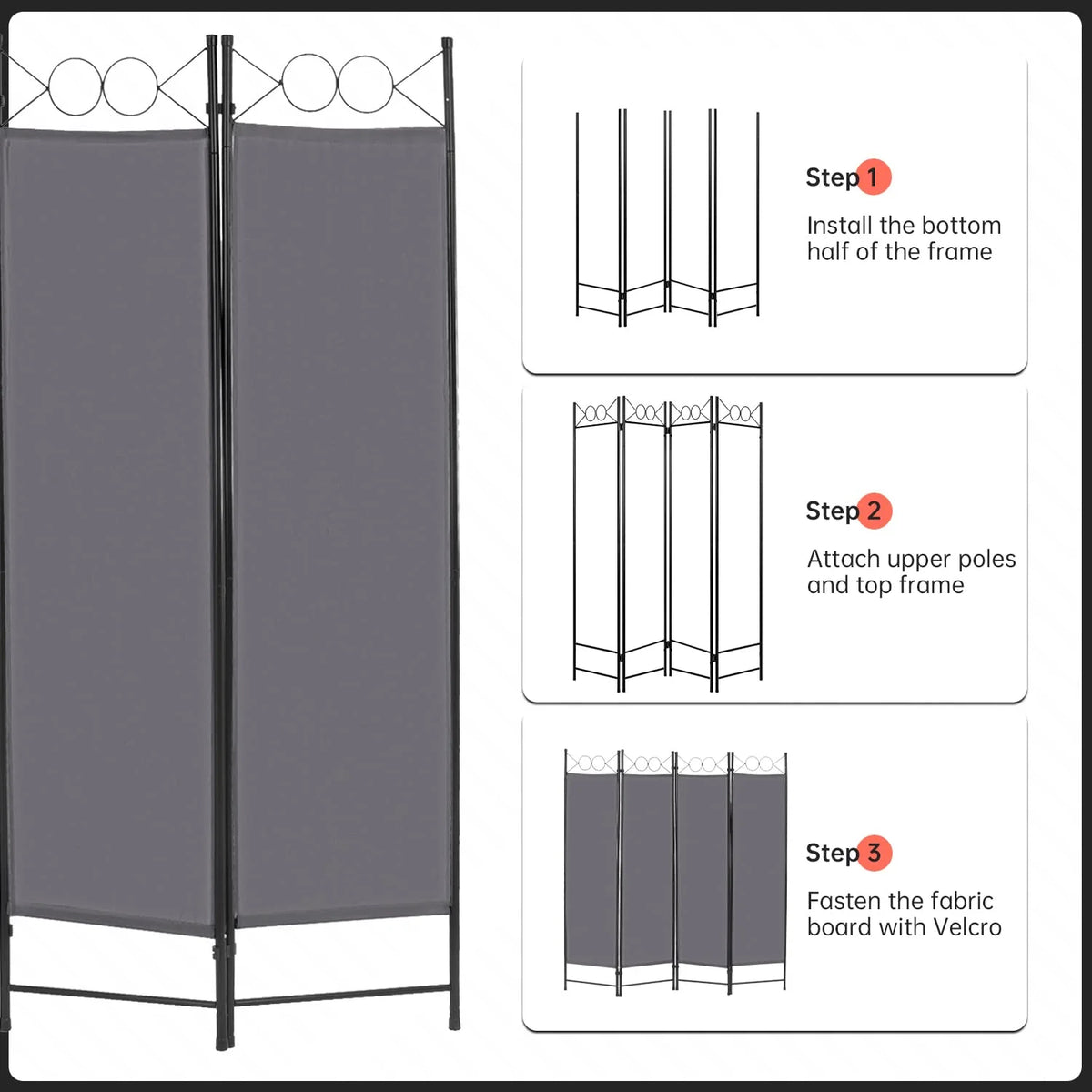 Folding Privacy Screen with 4 Panels Steel Frame Gray D46004