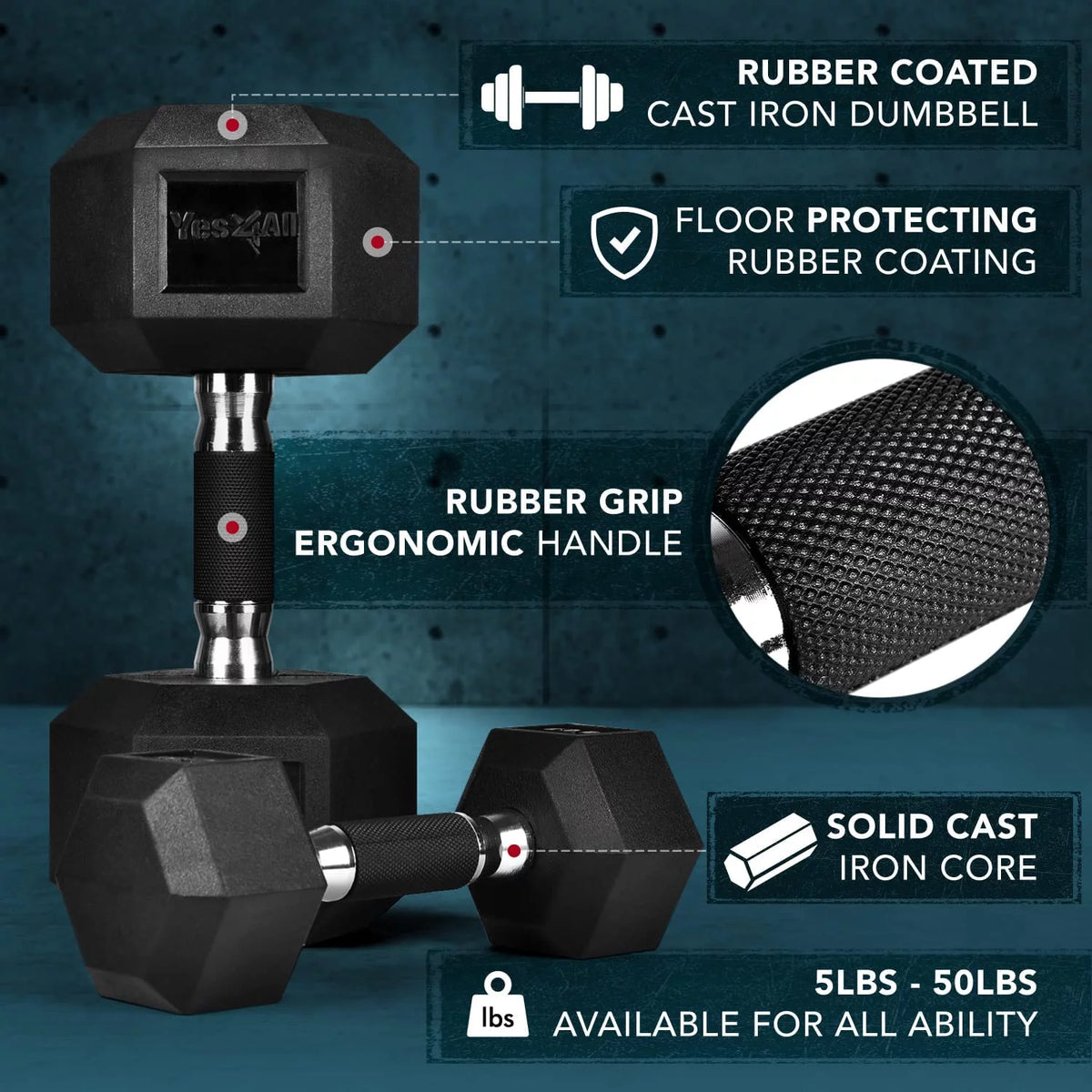 50 lbs Hex Rubber Grip Dumbbell A5641