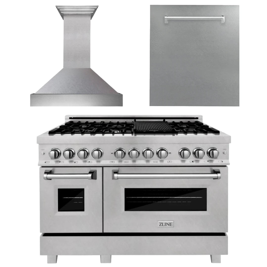 48 in. Stainless Dual Fuel Range, Range Hood and Dishwasher X77328
