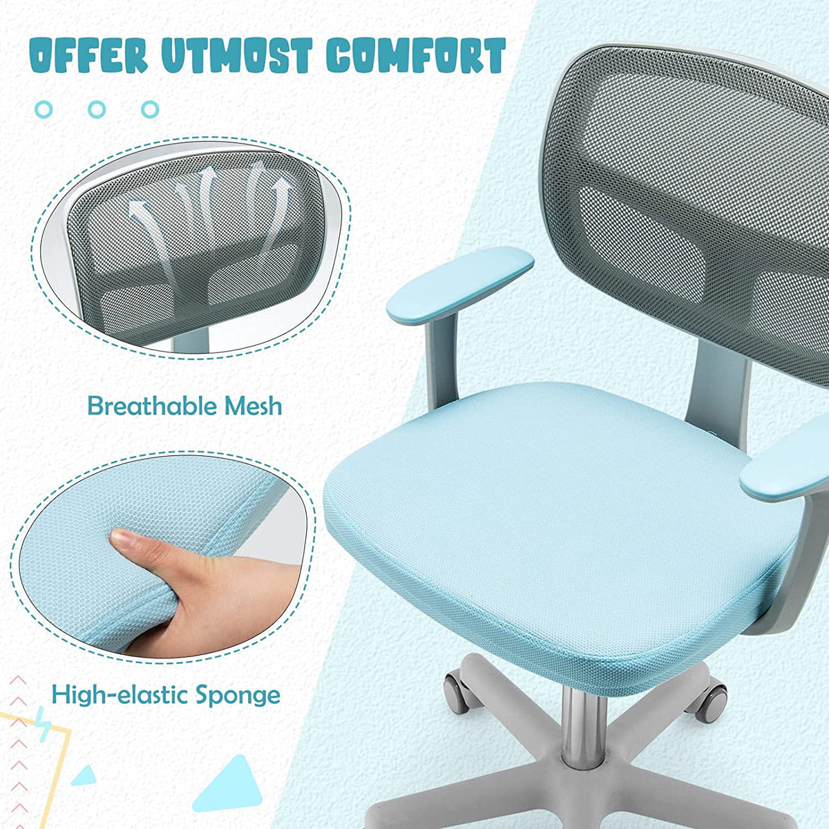 Blue Height Adjustable Swivel Mesh Kids Desk Chair T4963