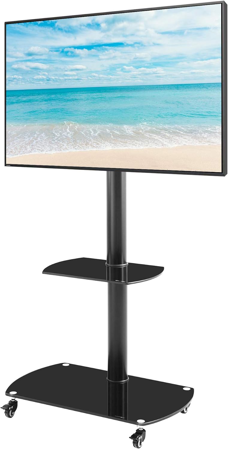 Mobile TV Cart with Wheels for 32-65 Inch, Height and Angle Adjustable Tempered Glass Metal Frame H721
