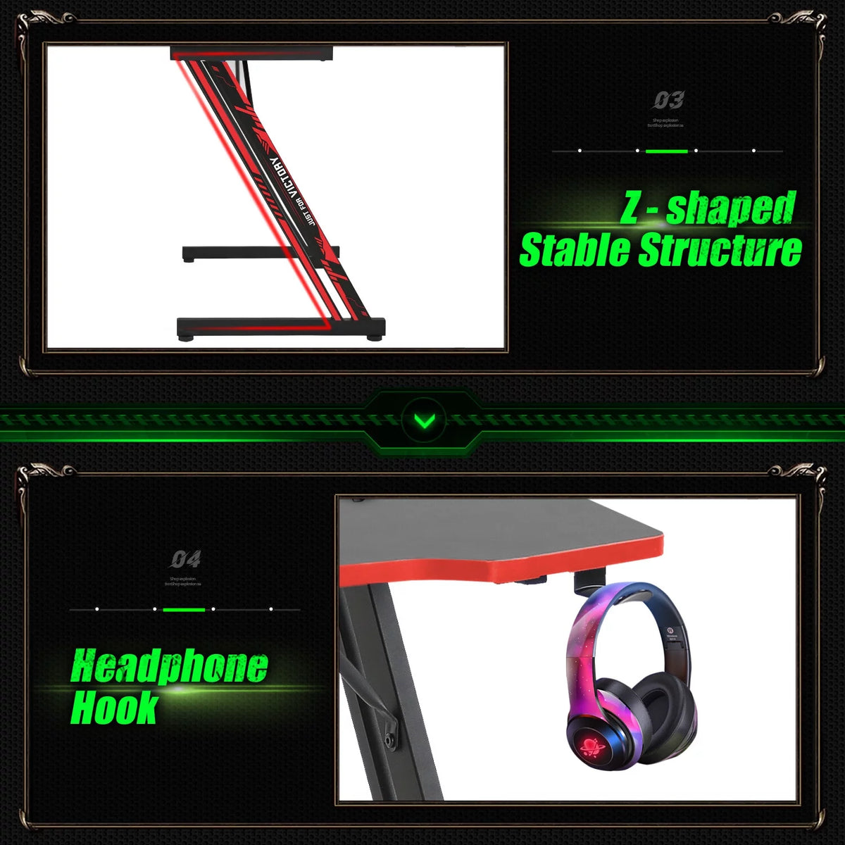 Gaming Desk Z Shaped 39in Ergonomic Gaming Table with Headphone Hook W98854