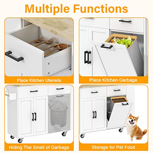 Rolling Kitchen Island with Trash Cabinet, 2 Drawers, Drop Leaf, 3 Spice Rack B17030