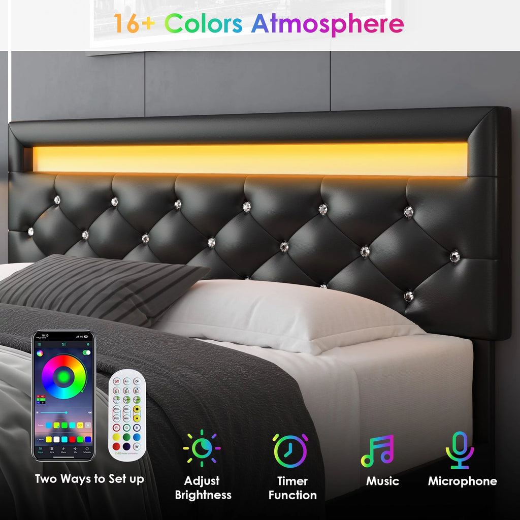 Queen Size LED Upholstered Platform Bed Frame with Adjustable Headboard Q166