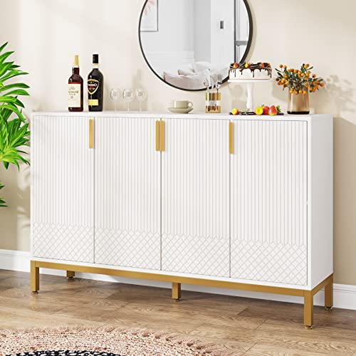 59 Inch White and Gold Buffet Cabinet with 4 Doors W7451