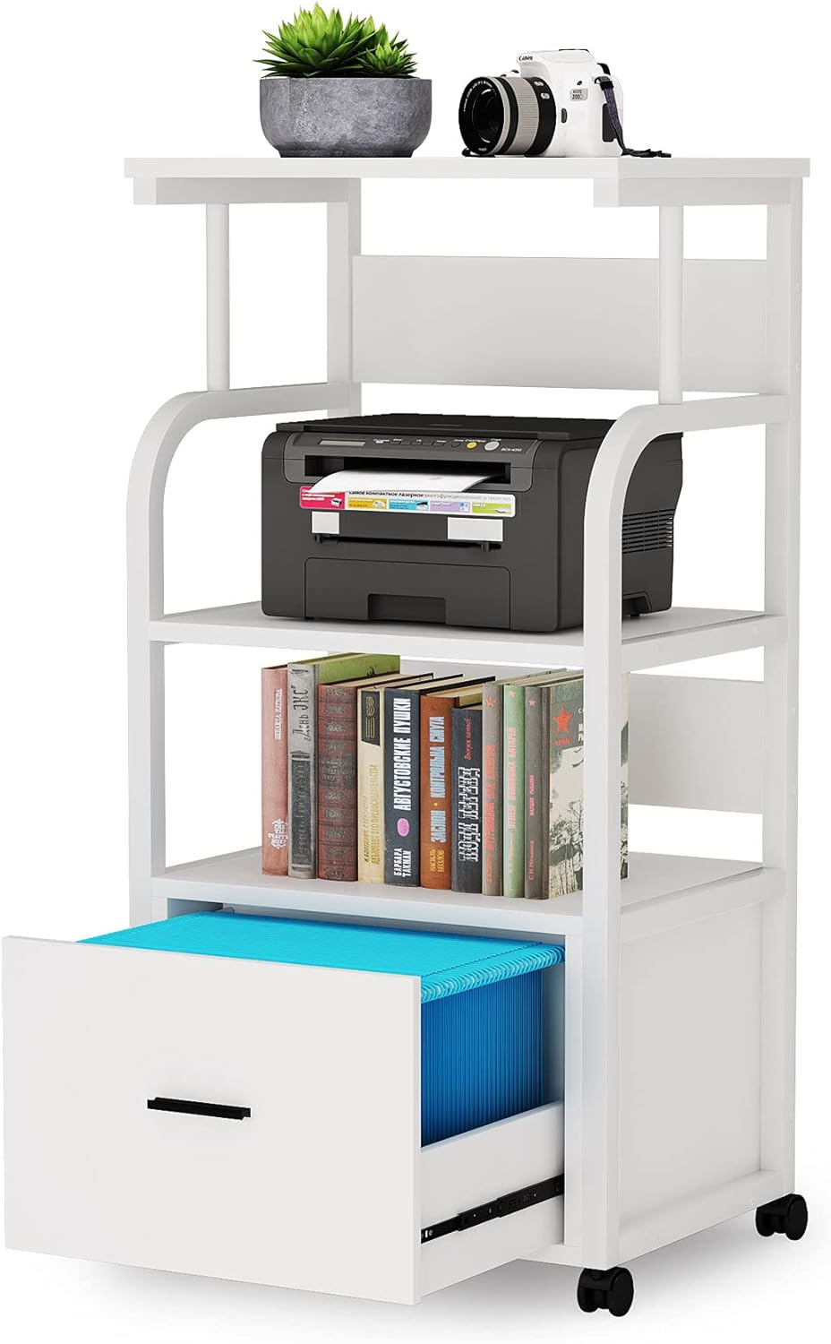 Mobile File Cabinet with Printer Shelf, 3 Tier Printer Stand with Legal Size Drawer, Rolling Filing Cabinet Printer Cart with Storage Shelves E669865