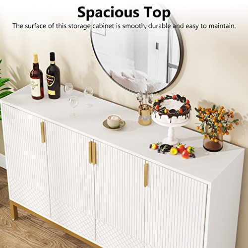 59 Inch White and Gold Buffet Cabinet with 4 Doors W7451