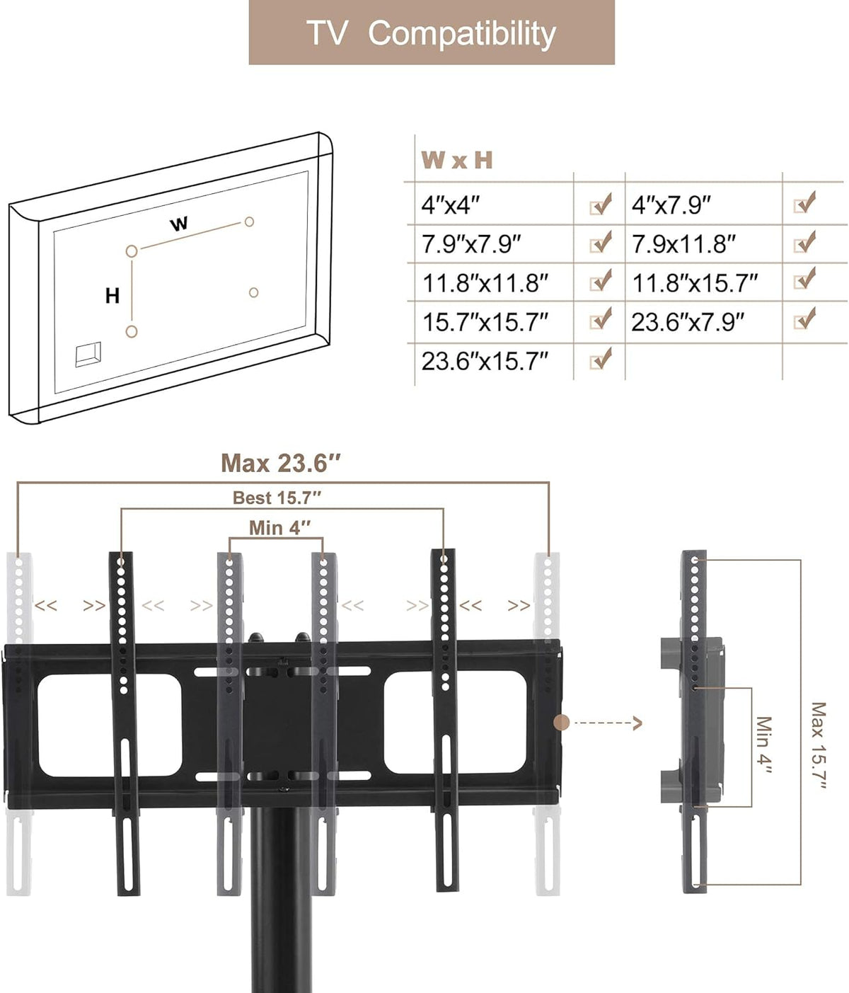 Mobile TV Cart with Wheels for 32-65 Inch, Height and Angle Adjustable Tempered Glass Metal Frame H721