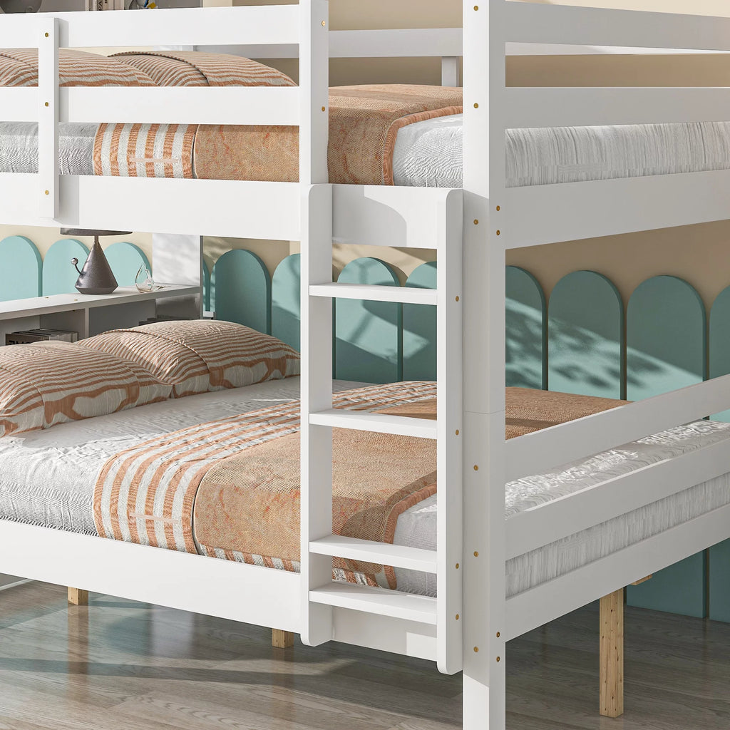 Full Over Full Bunk Beds with Bookcase Headboard Solid Wood Bed Frame with Safety Rail and Ladder White G3455
