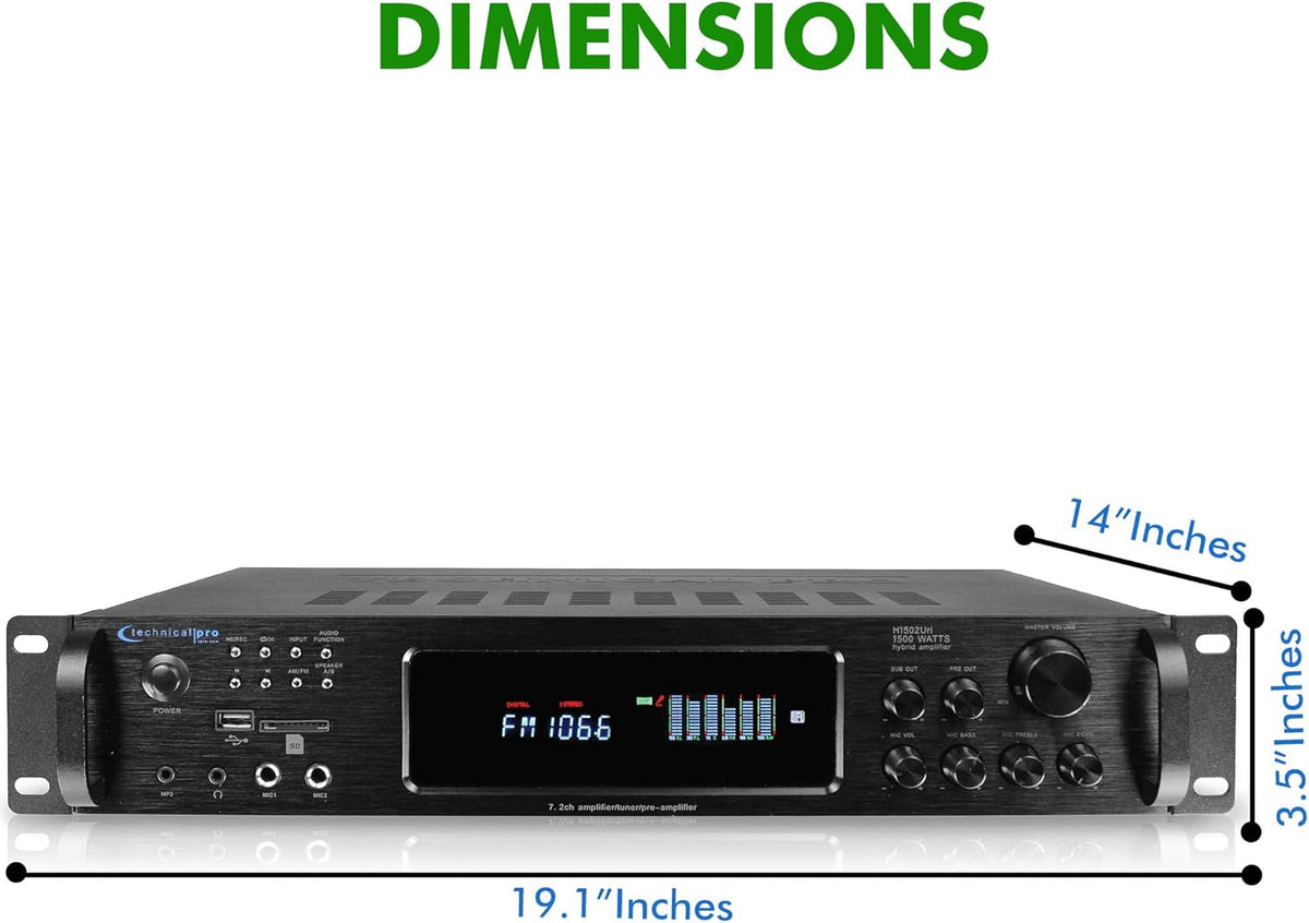 1500 Watt Bluetooth Home Stereo Amplifier with USB and SD Inputs Y190984
