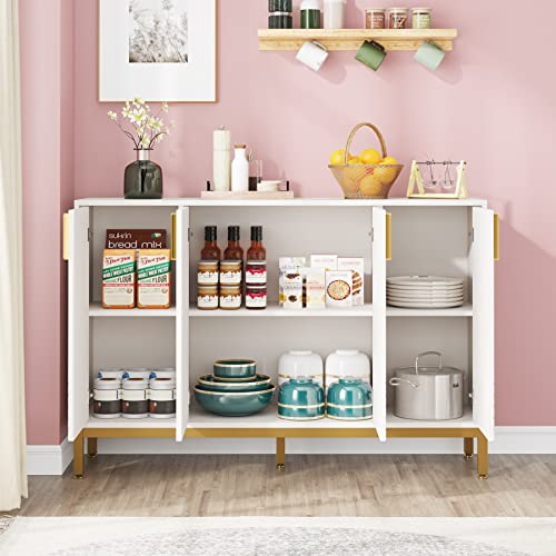 59 Inch White and Gold Buffet Cabinet with 4 Doors W7451
