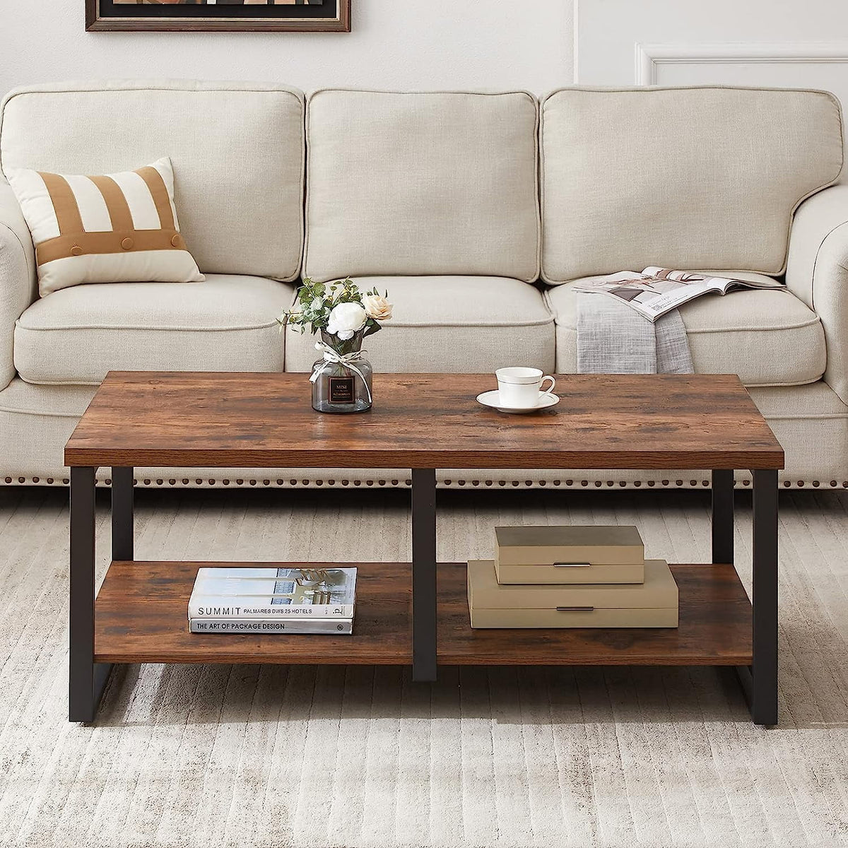 47 Inch Rustic Brown Wood Coffee Table with Storage Shelf U8701