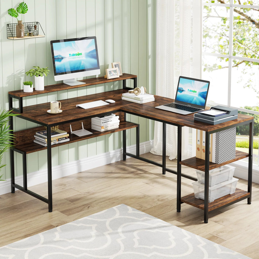 59 Inch Reversible L Shaped Corner Computer Desk with Storage Shelves L700120