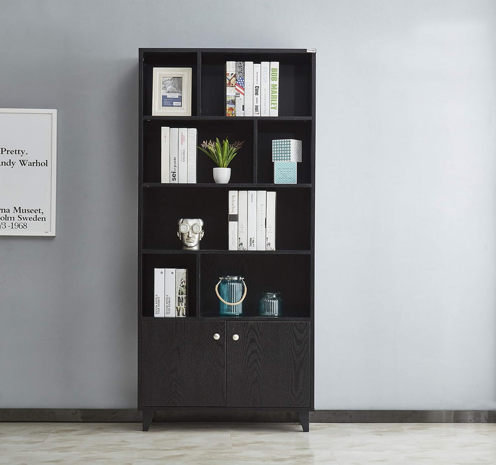Modern Bookcase with 2 Doors 68 Tall Wooden Bookshelf with 7 Compartments K887259