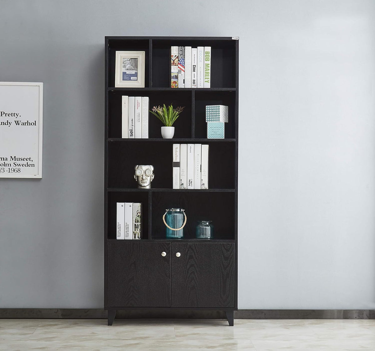 Modern Bookcase with 2 Doors 68 Tall Wooden Bookshelf with 7 Compartments K887259