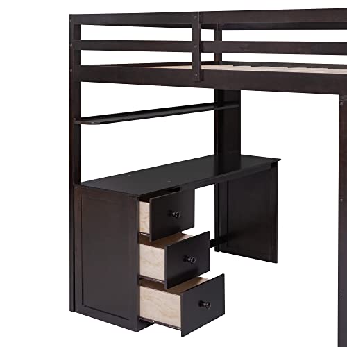 Full Size White Wood Loft Bed with Desk Wardrobe Storage Drawers C3840